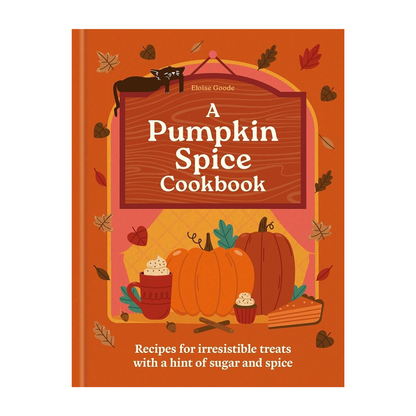 Pumpkin Spice Cookbook cover with pumpkins, leaves, and a cozy scene on an orange background