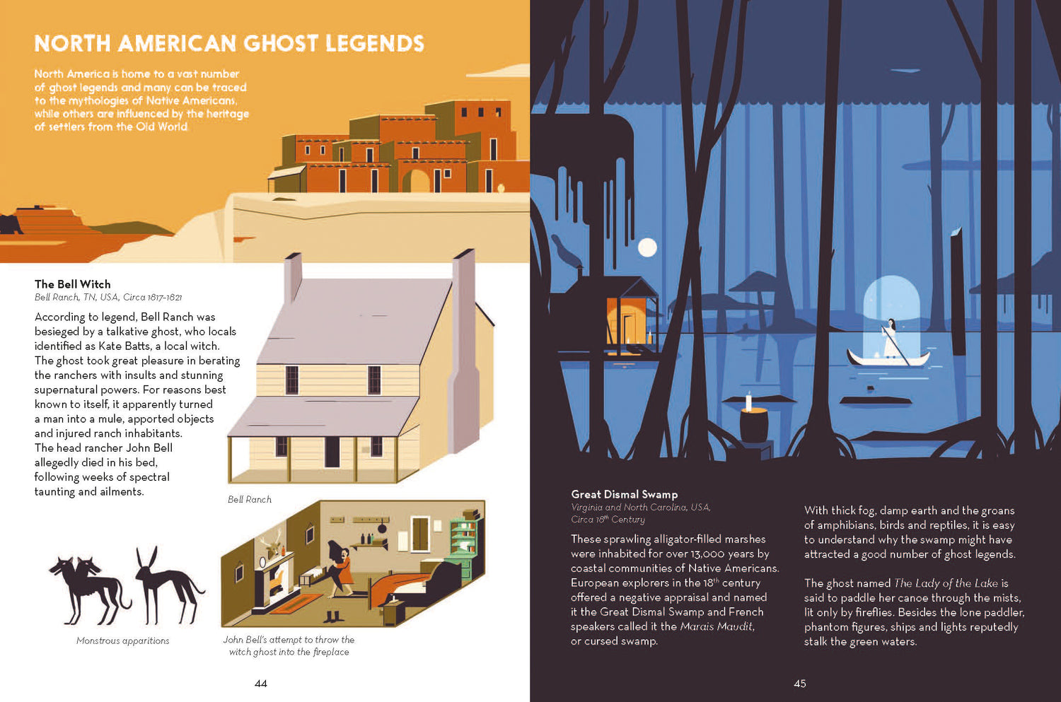 Illustrated book page about North American ghost legends with houses and a boat scene.