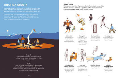 Book page about ghosts with illustrations and text on a blue and black background