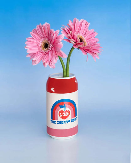 A hand-painted ceramic vase with a &