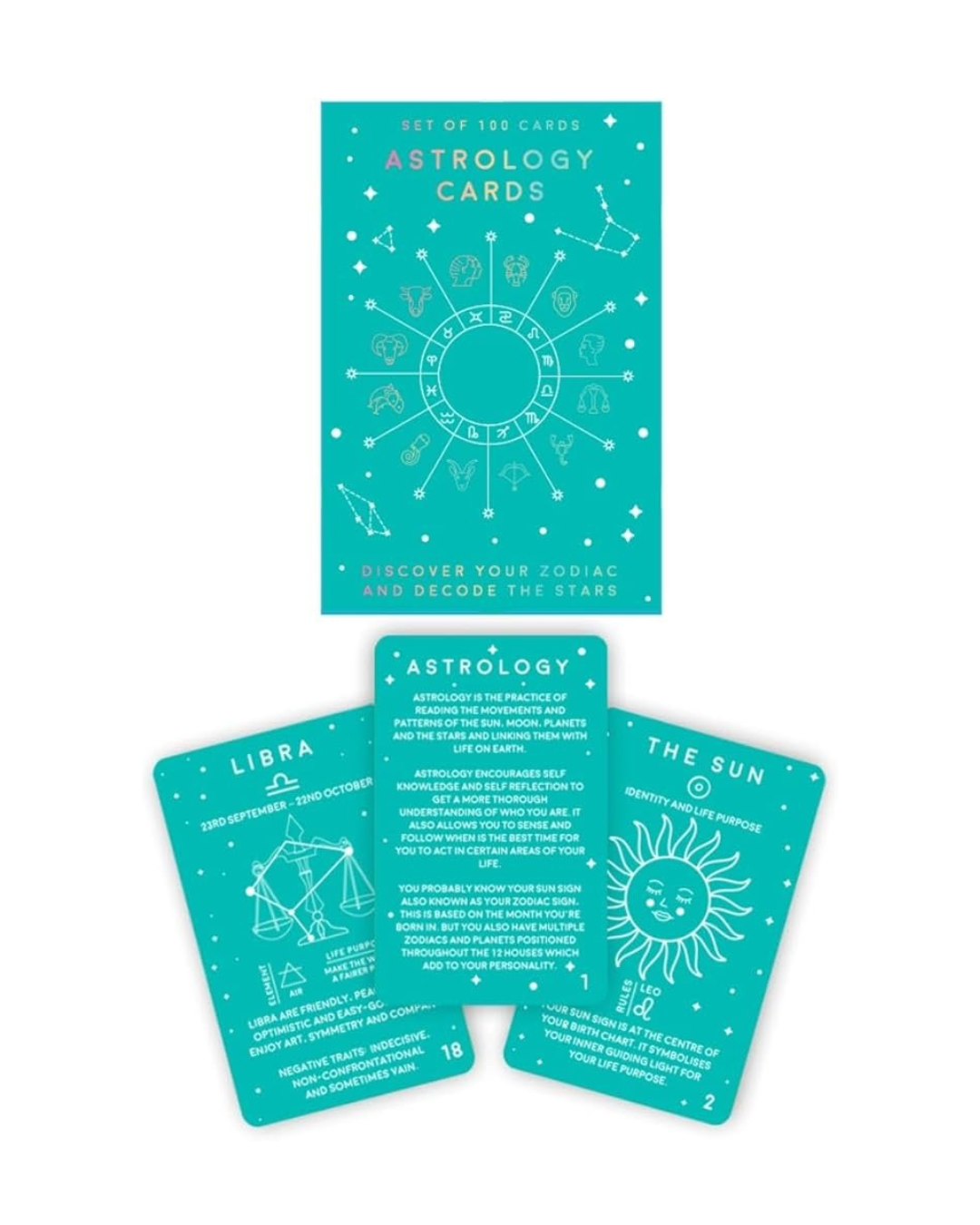 100 Astrology Cards displayed on a white background, showing zodiac signs and astrology chart guidance.