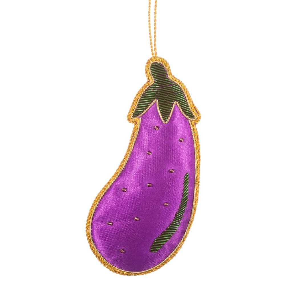 Handmade Zari Aubergine Christmas Decoration in purple with gold beads and sequins, perfect for Christmas tree décor and festive gifting