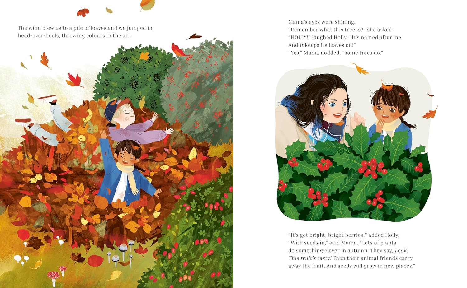Illustrated book pages showing children playing in a garden with autumn leaves and holly berries.