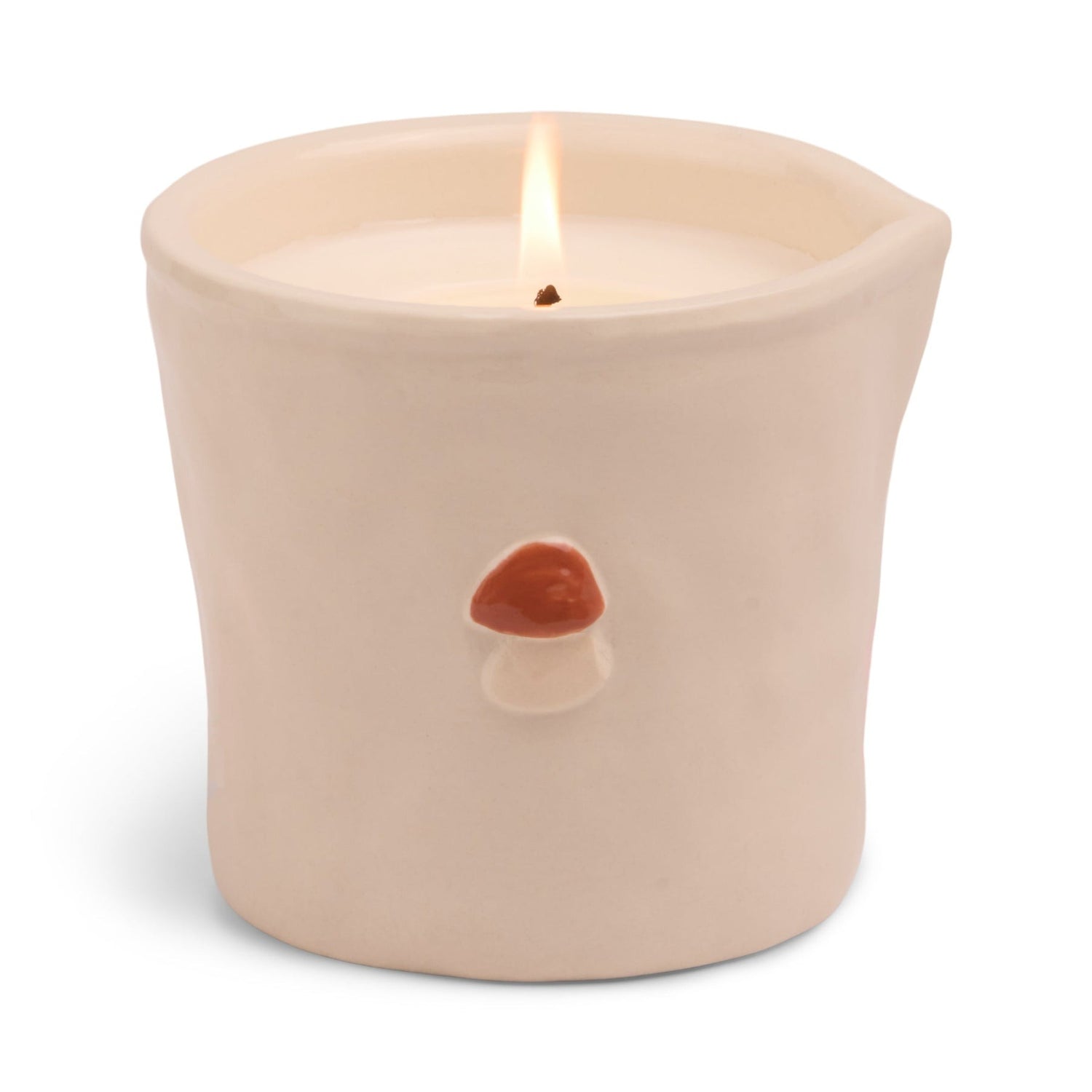 Ceramic candle holder with a mushroom design on a white background