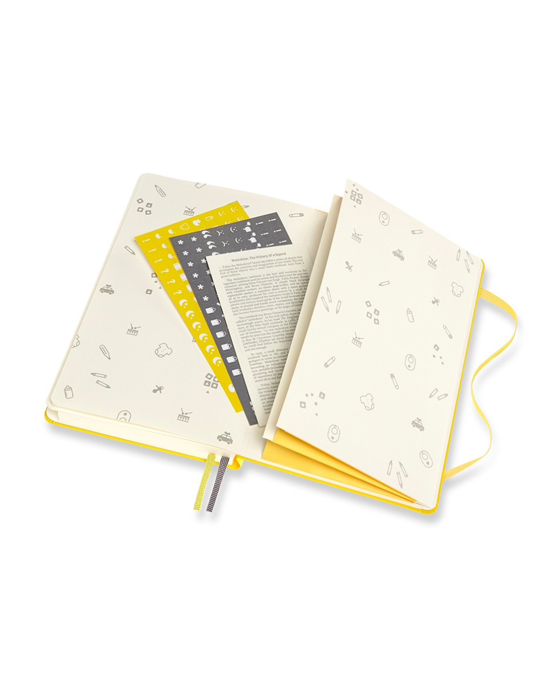 Inside view of Baby Journal showing lined pages, structured sections, two ribbon bookmarks, and a pocket for storing keepsakes, photos, or mementos