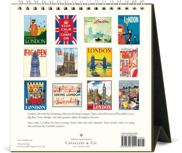 Back view of the London Desk Calendar 2026 featuring colorful illustrations of Piccadilly Circus, Big Ben, Tower Bridge, and other iconic London landmarks.