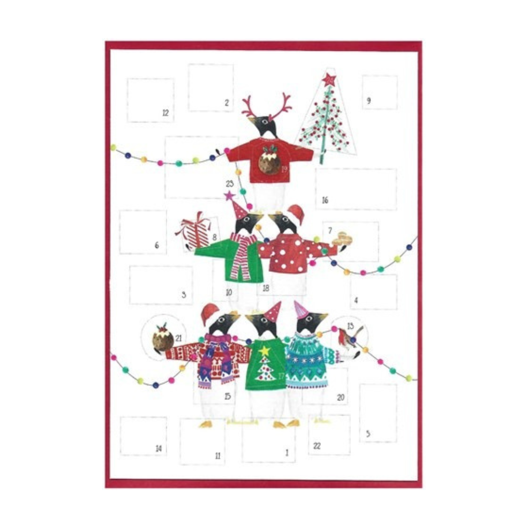 Balancing Penguins Advent Calendar Card with 24 windows, textured board, recyclable packaging, blank inside, designed and made in the UK