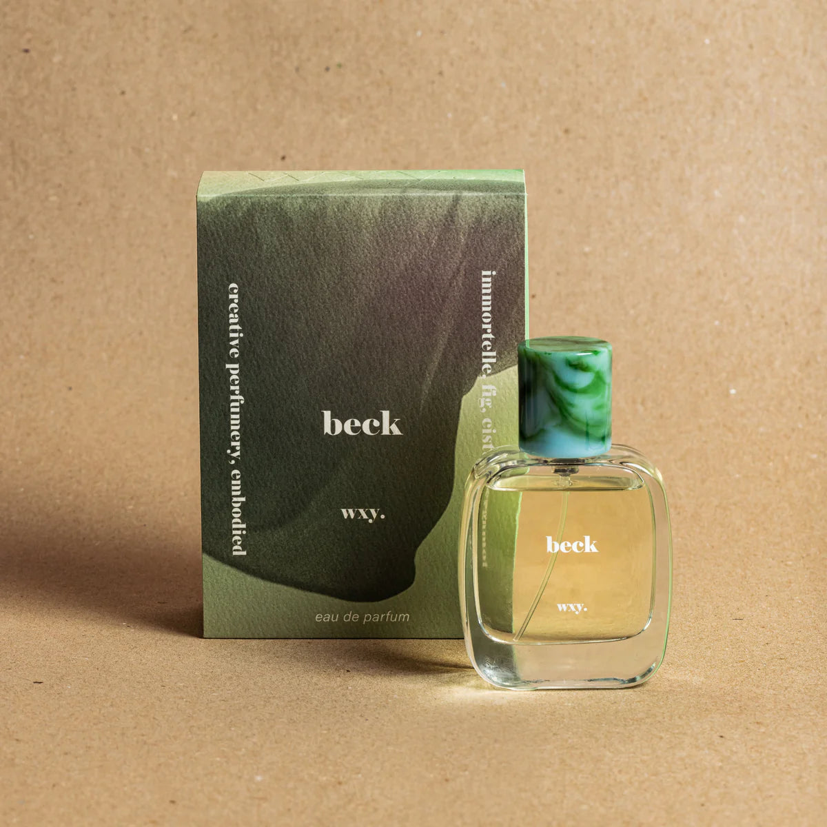 Beck Eau de Parfum 50ml bottle with the gift box next to it— minimalist fragrance packaging for a green woody perfume featuring fig leaf, sandalwood, and bergamot notes