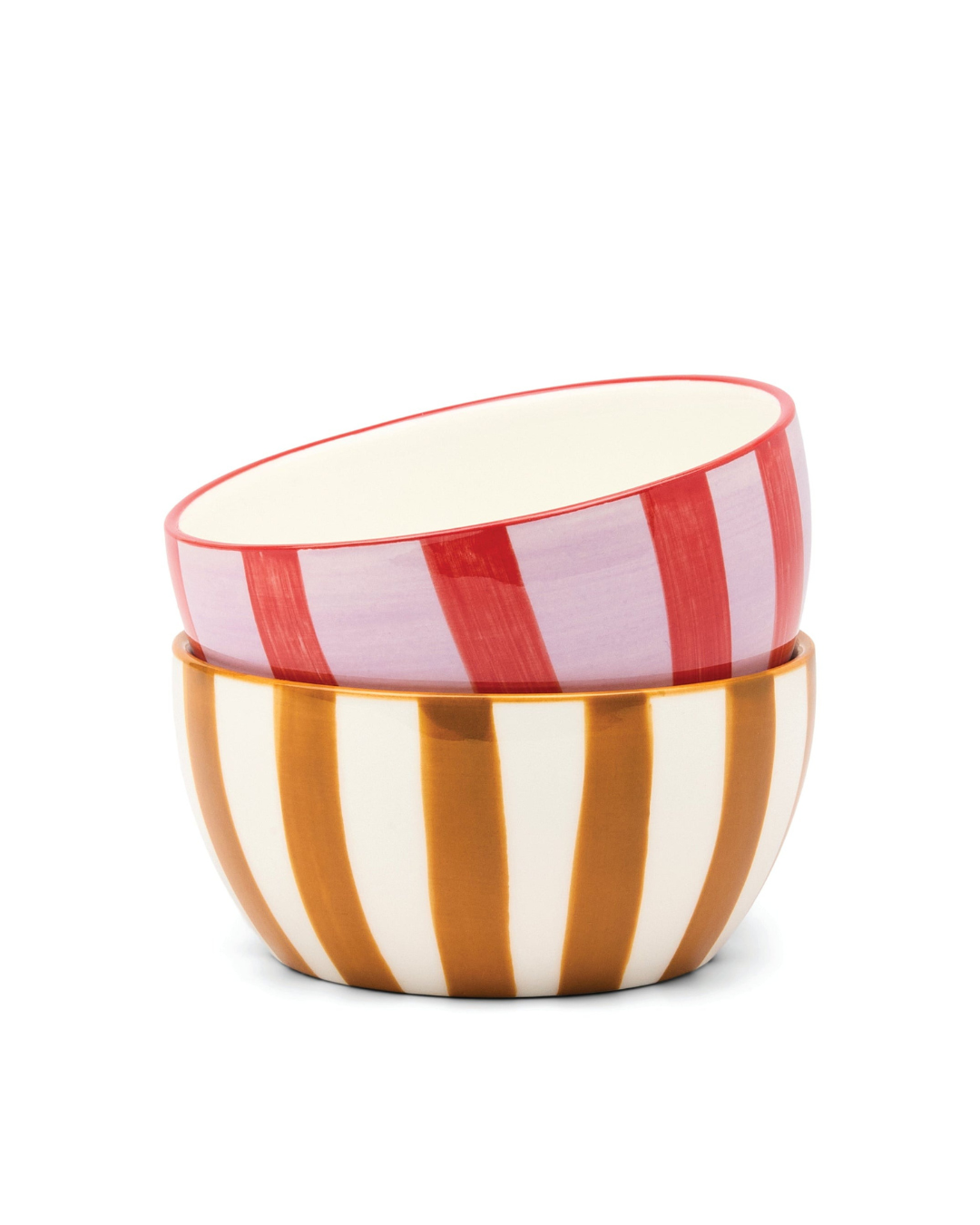 Bella Ceramic Dipping Bowls set of 2 in striped pink &amp; red and ochre &amp; off-white – ideal for dips, sauces, small bites, and gift-ready packaging