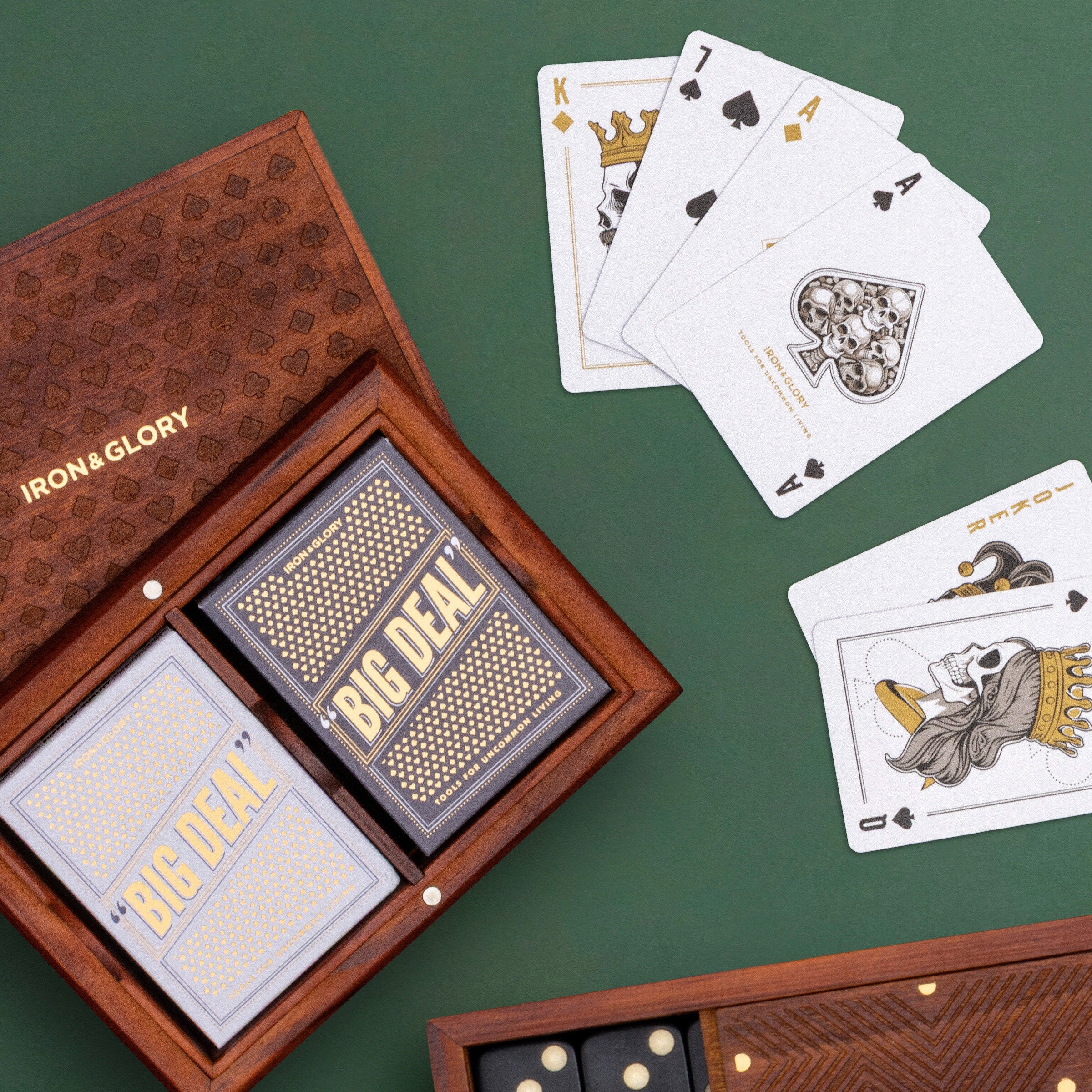 Big Deal Set wooden box with two decks of gold and black playing cards