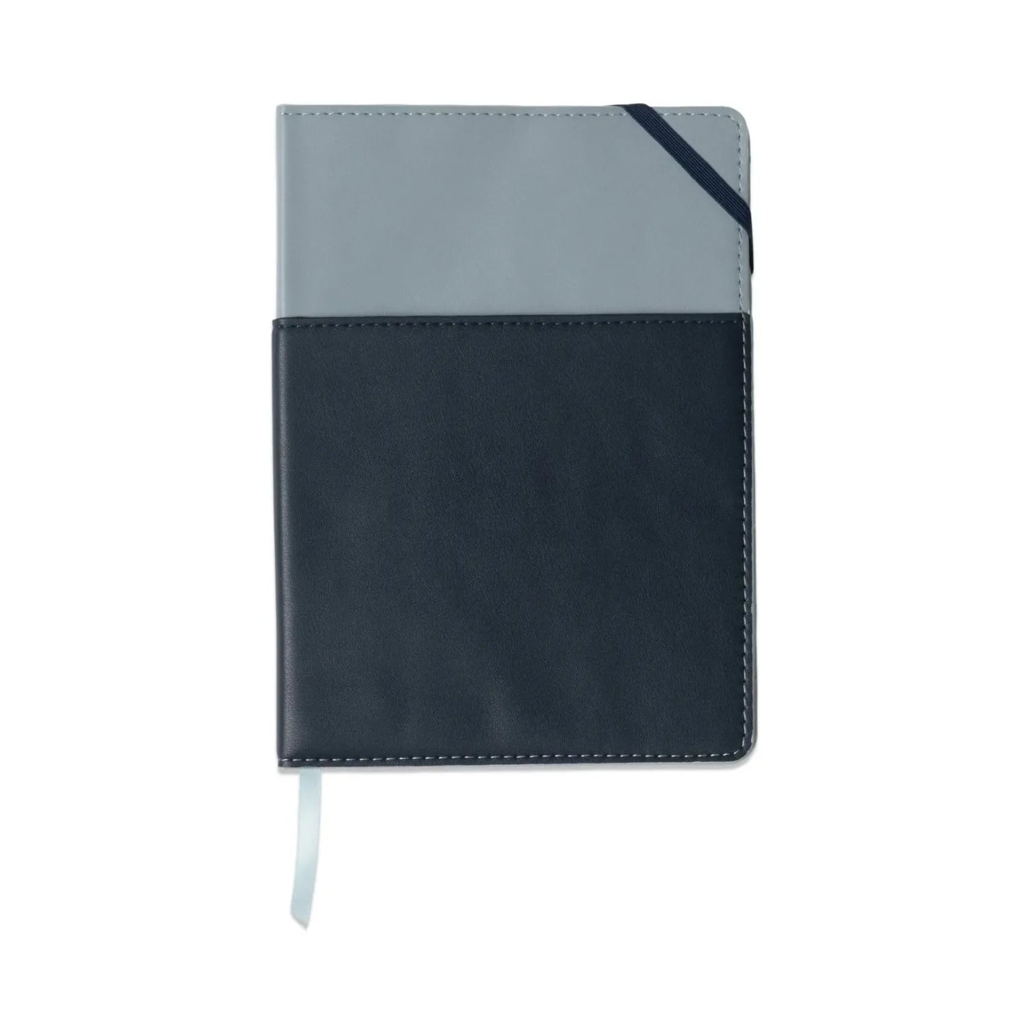 cover in Blue &amp; Navy, wrap-around pocket, elastic closure, satin ribbon marker, 192 ruled pages, eco-friendly soy ink paper