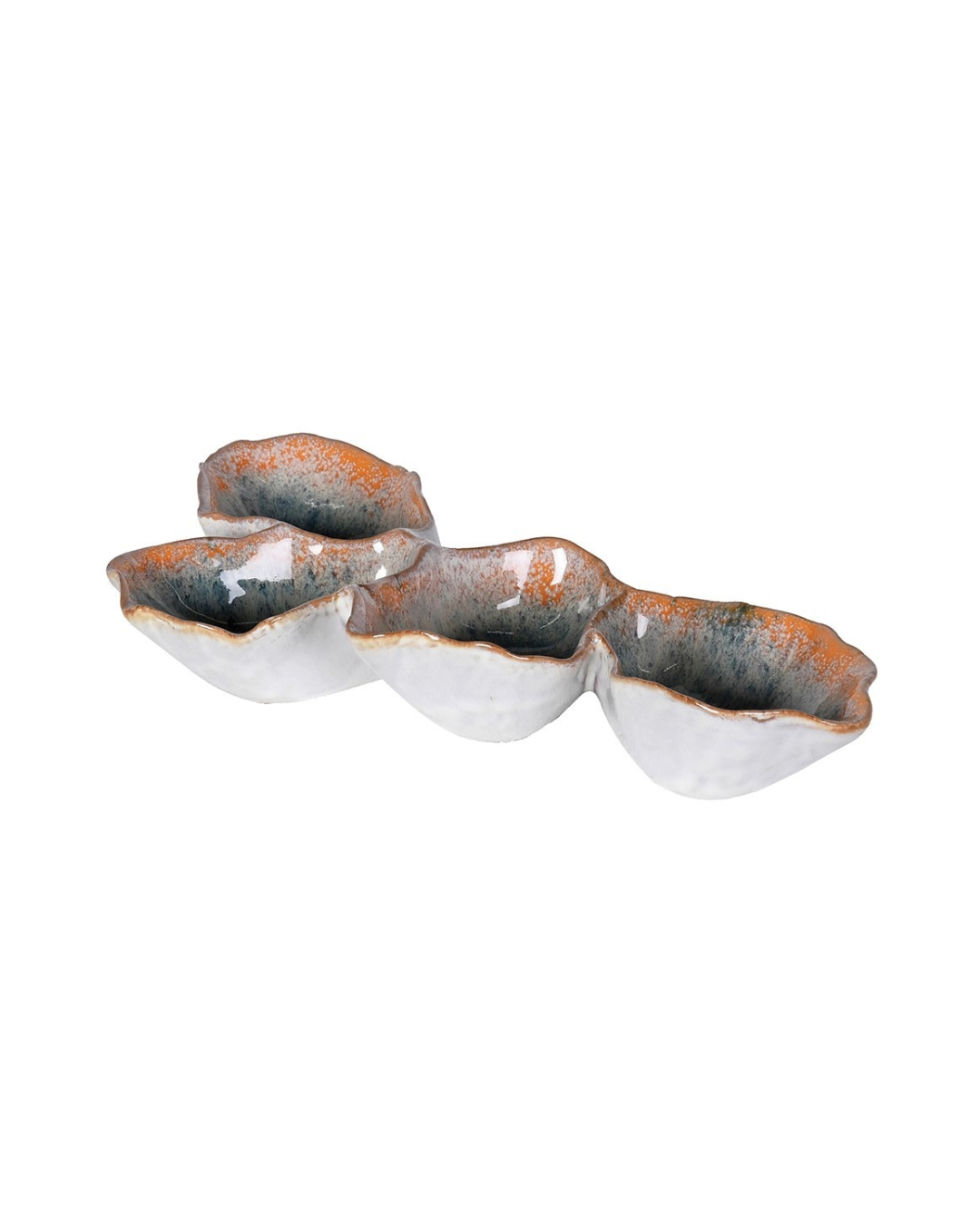 Side view of Blue Ombre Oyster Serving Tray showing smooth gradient blue tones, curved edges, and glossy ceramic finish.