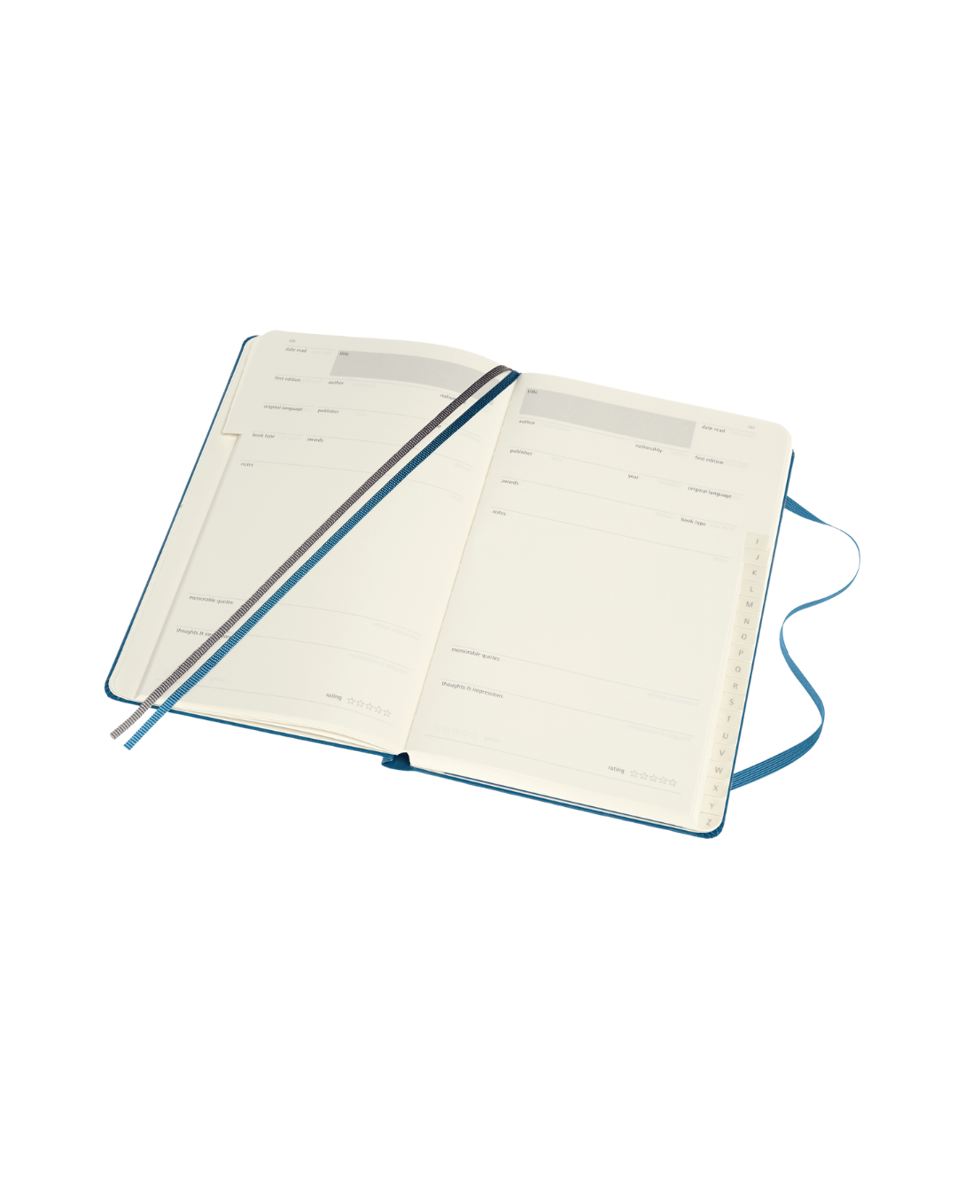 Book Journal Moleskine open, showing two bookmarks and elastic closure, ready for tracking reading notes and favorite quotes.