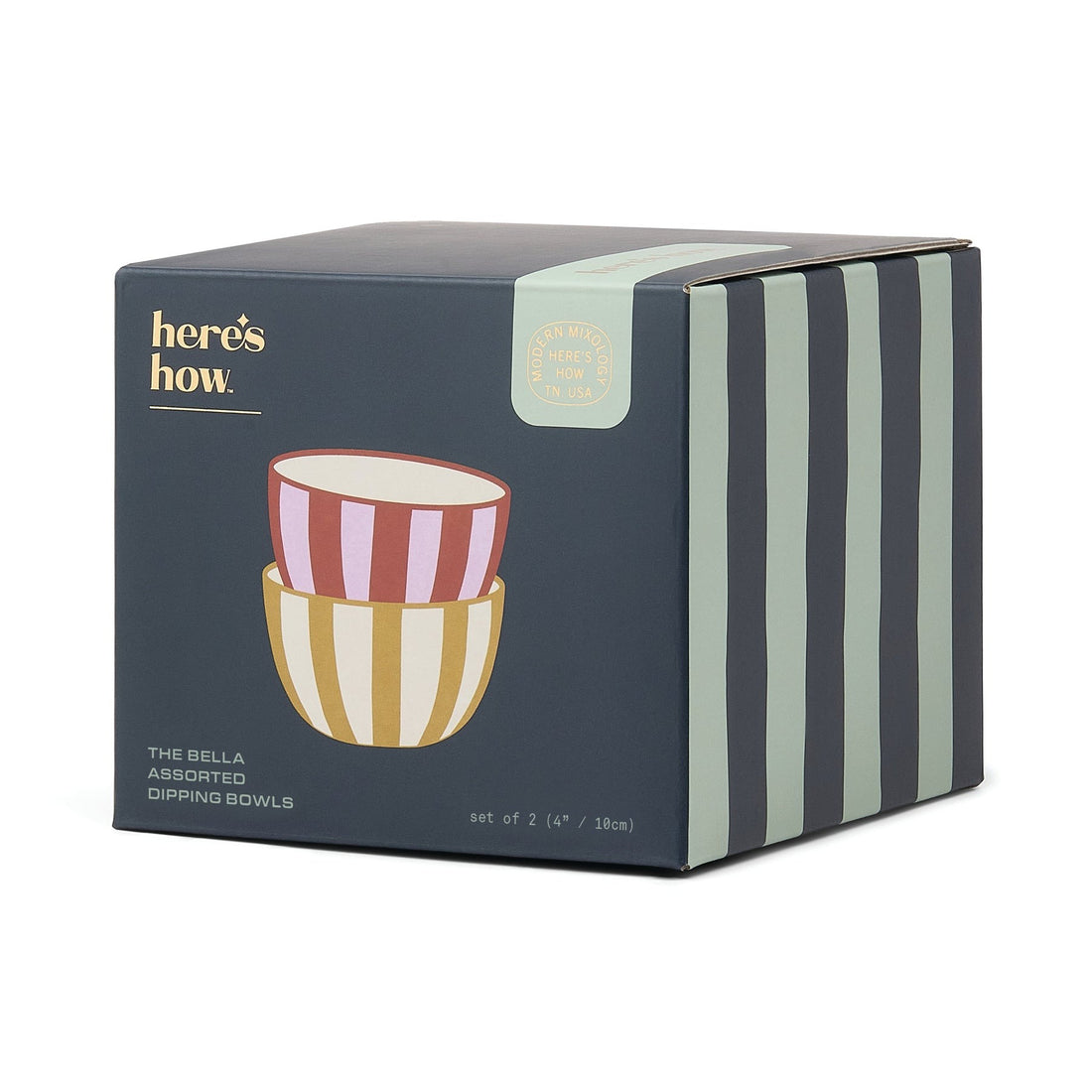 Box of The Bella Assorted Dipping Bowls with striped design on a white background