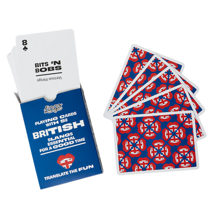 Playing cards with British slang design and  packaging on a white background