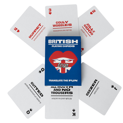 Playing cards with British-themed text and a deck of cards displayed.