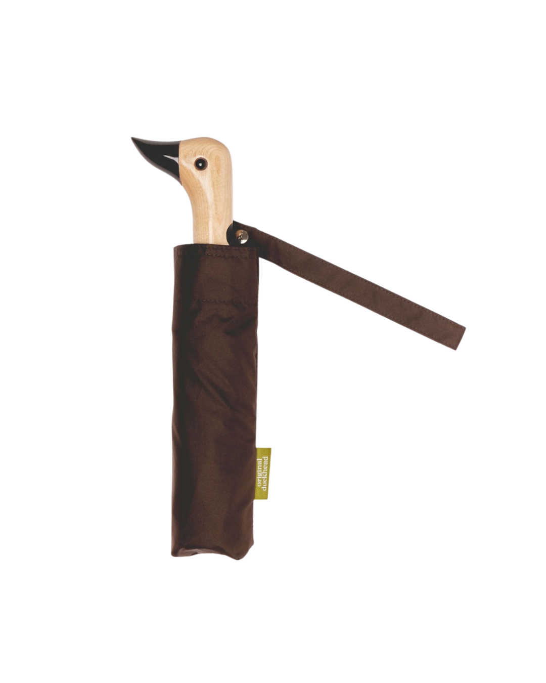 Brown Espresso Compact Duck umbrella with recycled plastic canopy, birch wooden handle, lightweight and wind-resistant design for city and travel use