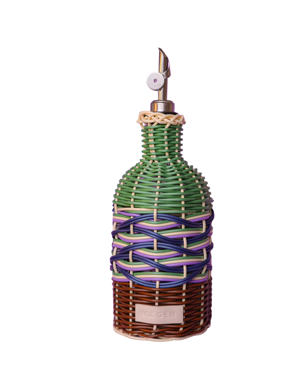ÆGEN Brown &amp; Green Hand-Woven Oil Pourer – glass bottle wrapped in colourful hand-woven polypropylene with stainless steel pourer