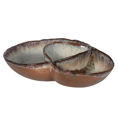 Side View of the Brown Ombré stoneware plate with built-in dip pot – rustic serving bowl and decorative tableware.