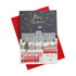 Gold Foiled Christmas Card featuring Buckingham Palace with red bus in snowy London scene, blank inside, luxury thick matte card, red envelope, made in the UK