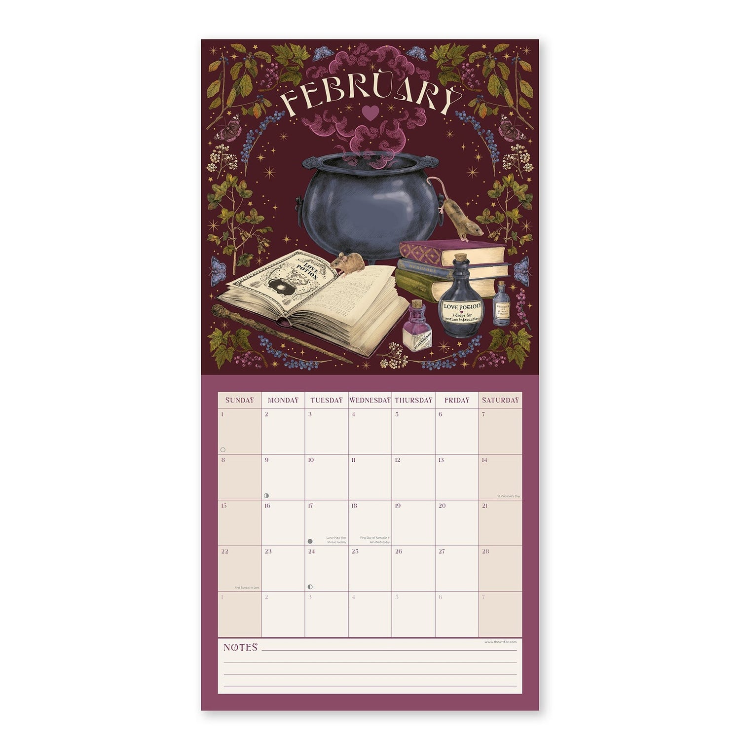 Mystical themed calendar with a potion cauldron, books, and bottles on a white background
