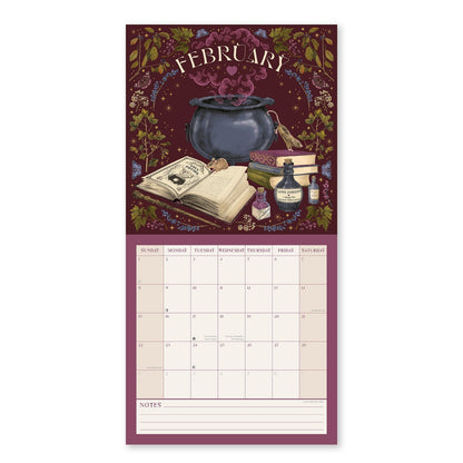 Mystical themed calendar with a potion cauldron, books, and bottles on a white background
