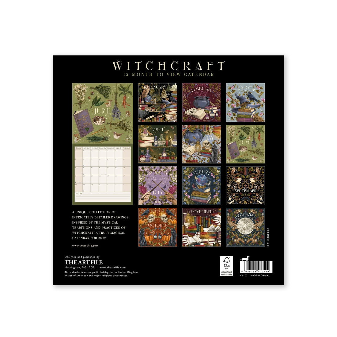 Bck view of the Witchcraft 2026 Wall Calendar featuring 12 months of mystical and intricately detailed illustrations, perfect for home, office, and magical décor gifts.