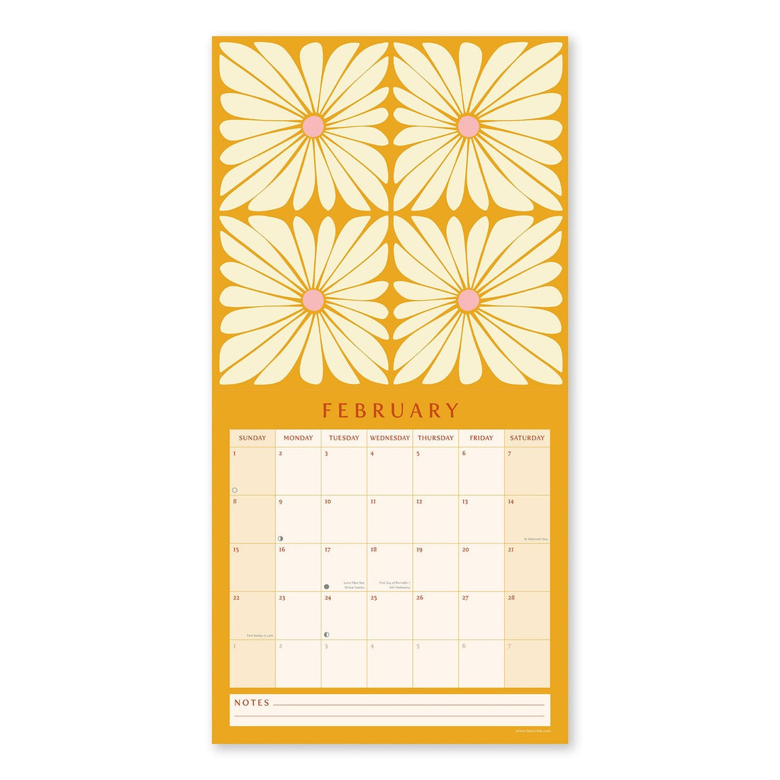 Calendar feautring February page with floral design on a yellow background