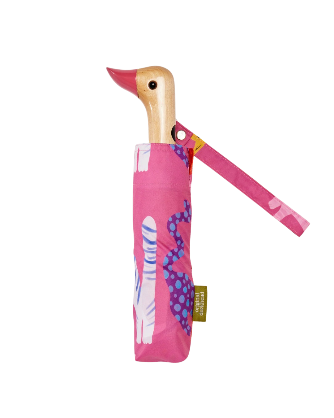 Arty Cats Print Umbrella in fuchsia pink with recycled fabric canopy and wooden handle