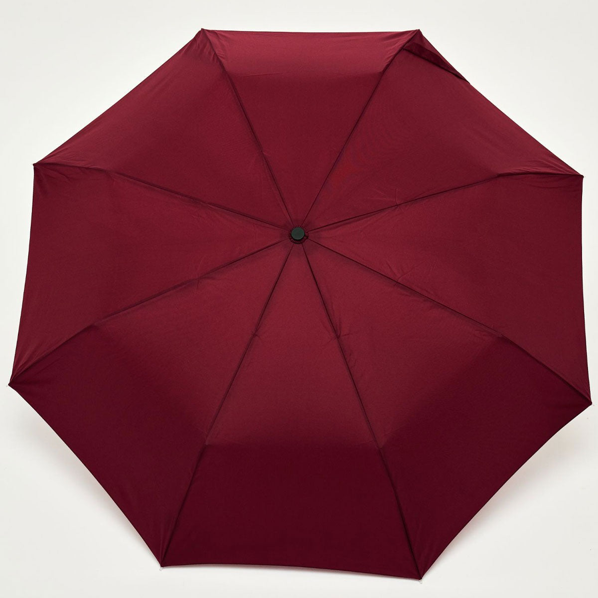 Front View of the Cherry Duck Compact Umbrella open – wind-resistant red canopy made from recycled plastic bottles with high-strength steel frame&quot;