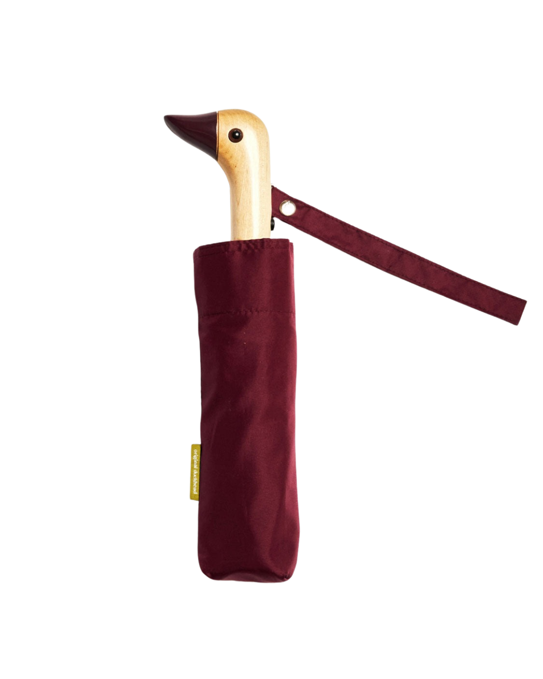 Cherry Duck Compact Umbrella closed – eco-friendly, red r.PET canopy with solid birch handle, 32cm travel umbrella