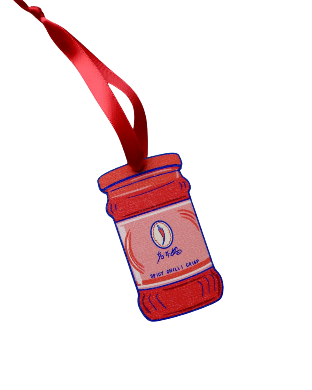 Chilli Crisp wooden Christmas decoration with pink or red ribbon, vegan-friendly, sustainable foodie ornament for Christmas tree