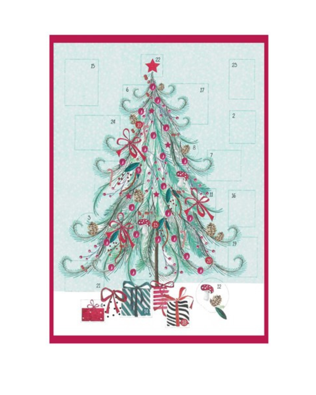 Christmas Tree Advent Card with 24 windows, textured board, red envelope, recyclable packaging, blank inside, proudly made in the UK.
