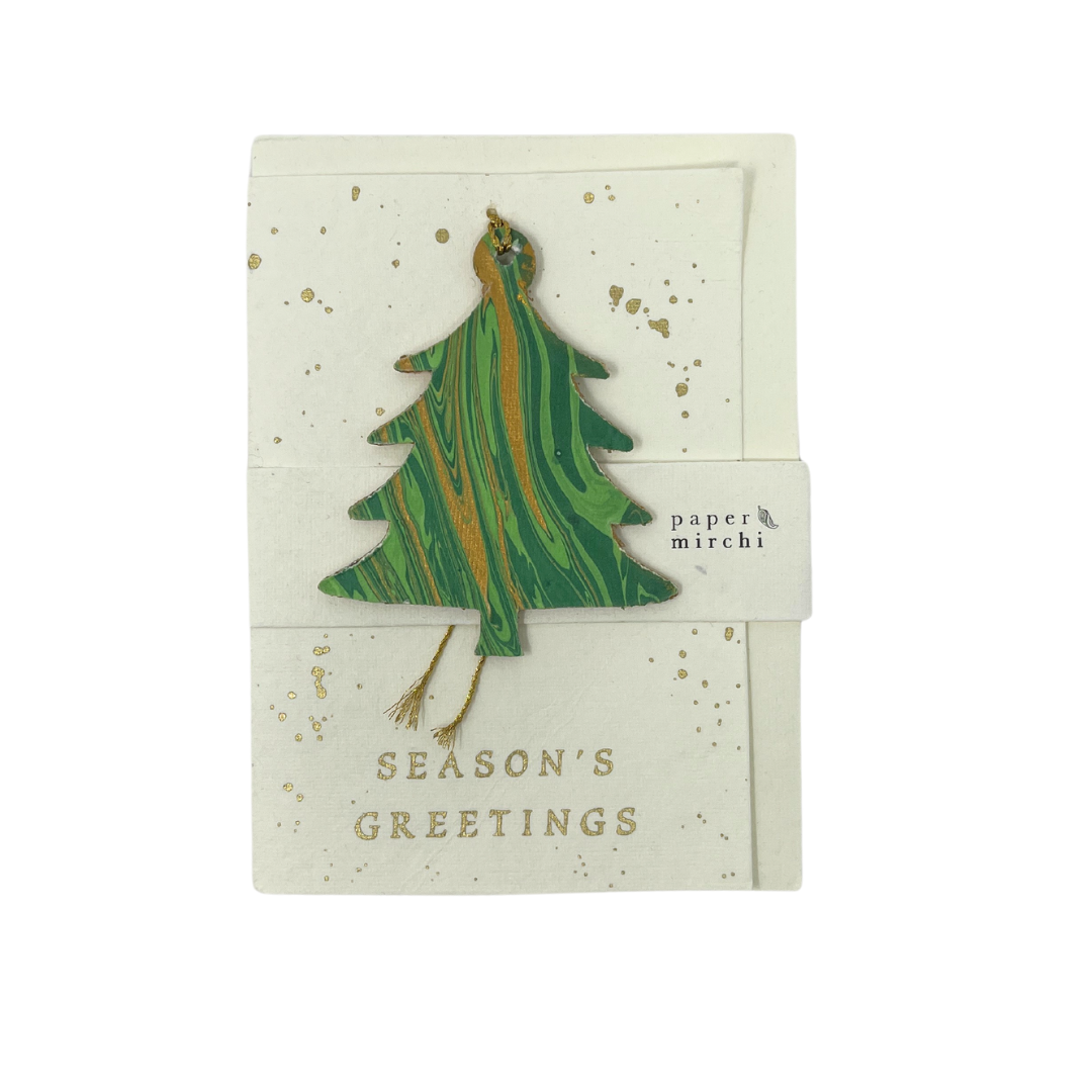 Festive Christmas Tree Card Ornament featuring vibrant hand-marble red, green, and gold tree, artisan-made on 100% recycled cotton paper, eco-friendly and sustainable
