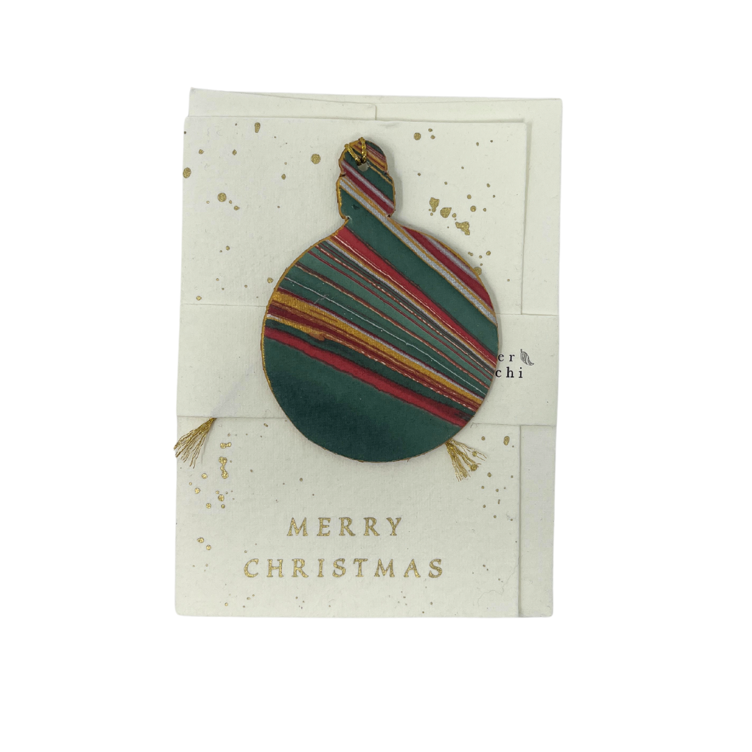 Festive Bauble Christmas Card Ornament featuring vibrant red and green hand-marble baubles with gold stripes, artisan-made on 100% recycled cotton paper, eco-friendly and sustainable