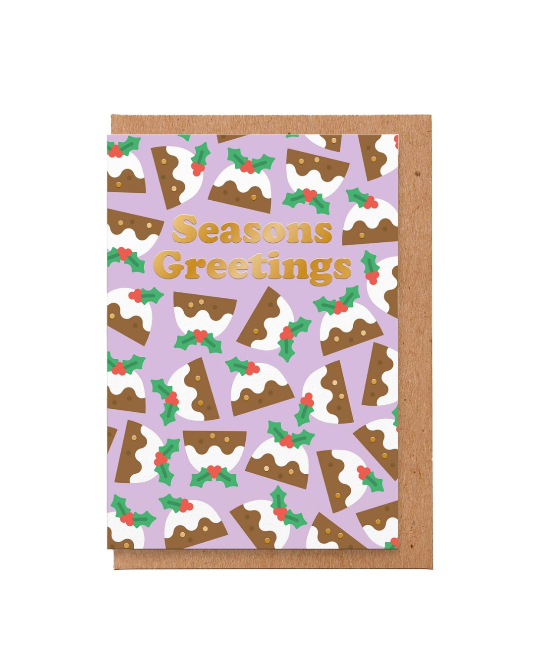 Christmas pudding card with shiny gold foil text and festive pudding design, printed on FSC-certified matt card with recycled kraft envelope