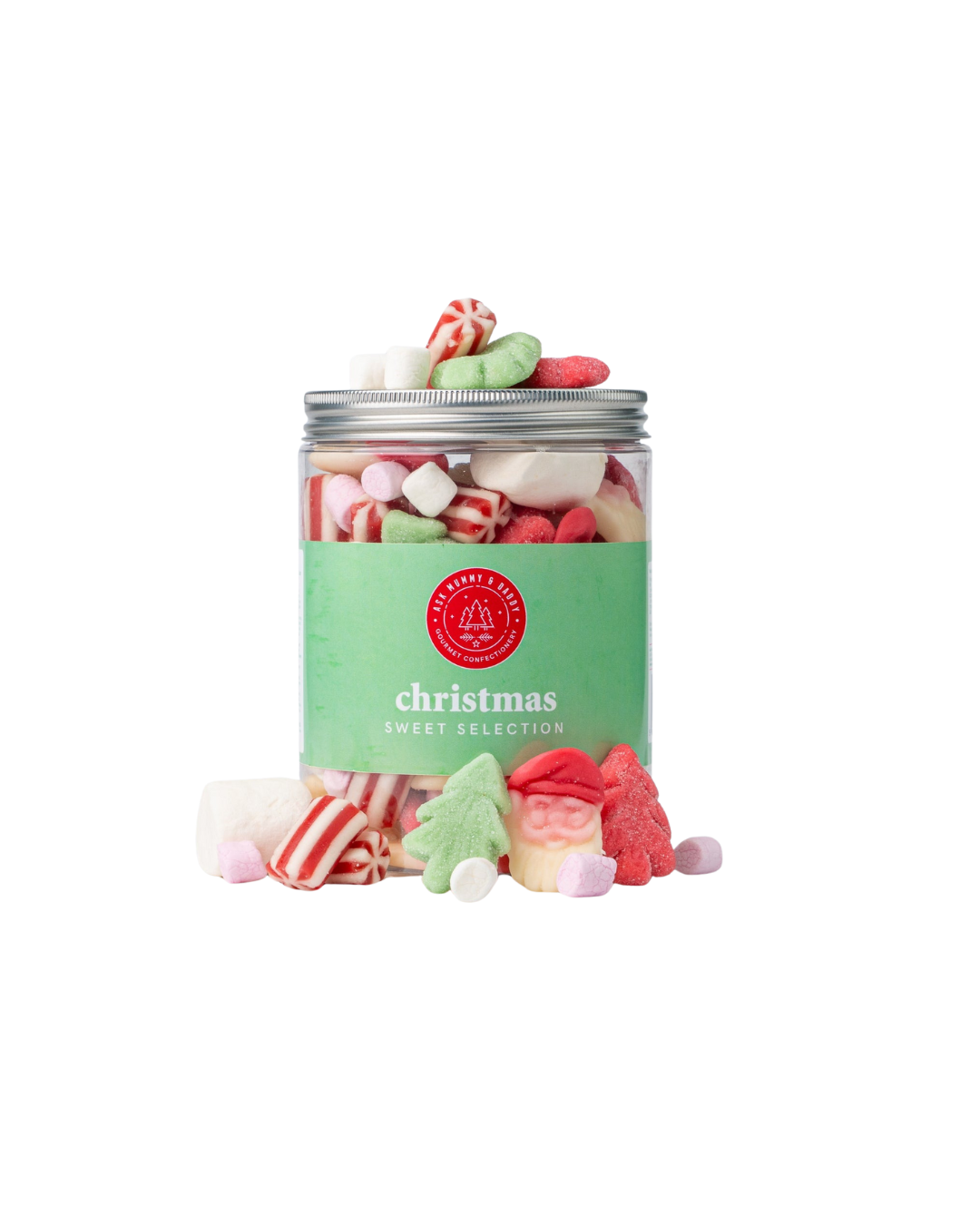 Christmas Sweet Selection jar with milk chocolate coins, cola reindeer jellies, snowman-shaped marshmallows, strawberry &amp; apple Christmas trees, festive holiday treats from the UK.