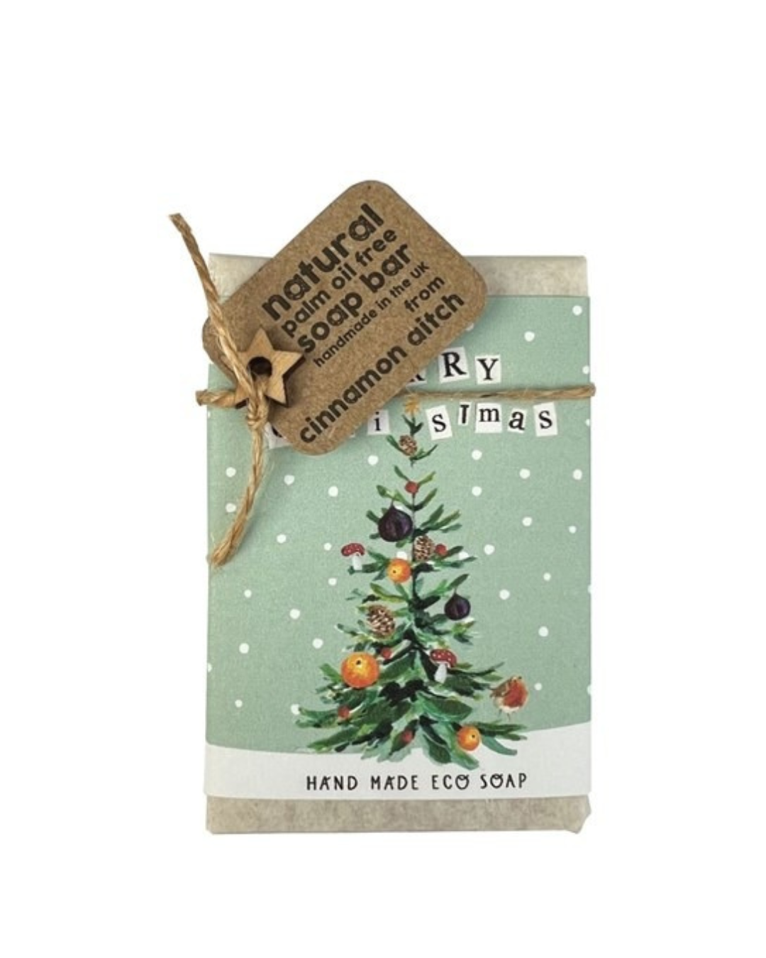 Cinnamon &amp; Cedarwood Christmas Tree Gift Soap Bar wrapped in festive paper with jute, kraft tag, wooden star, handmade vegan soap, UK-made