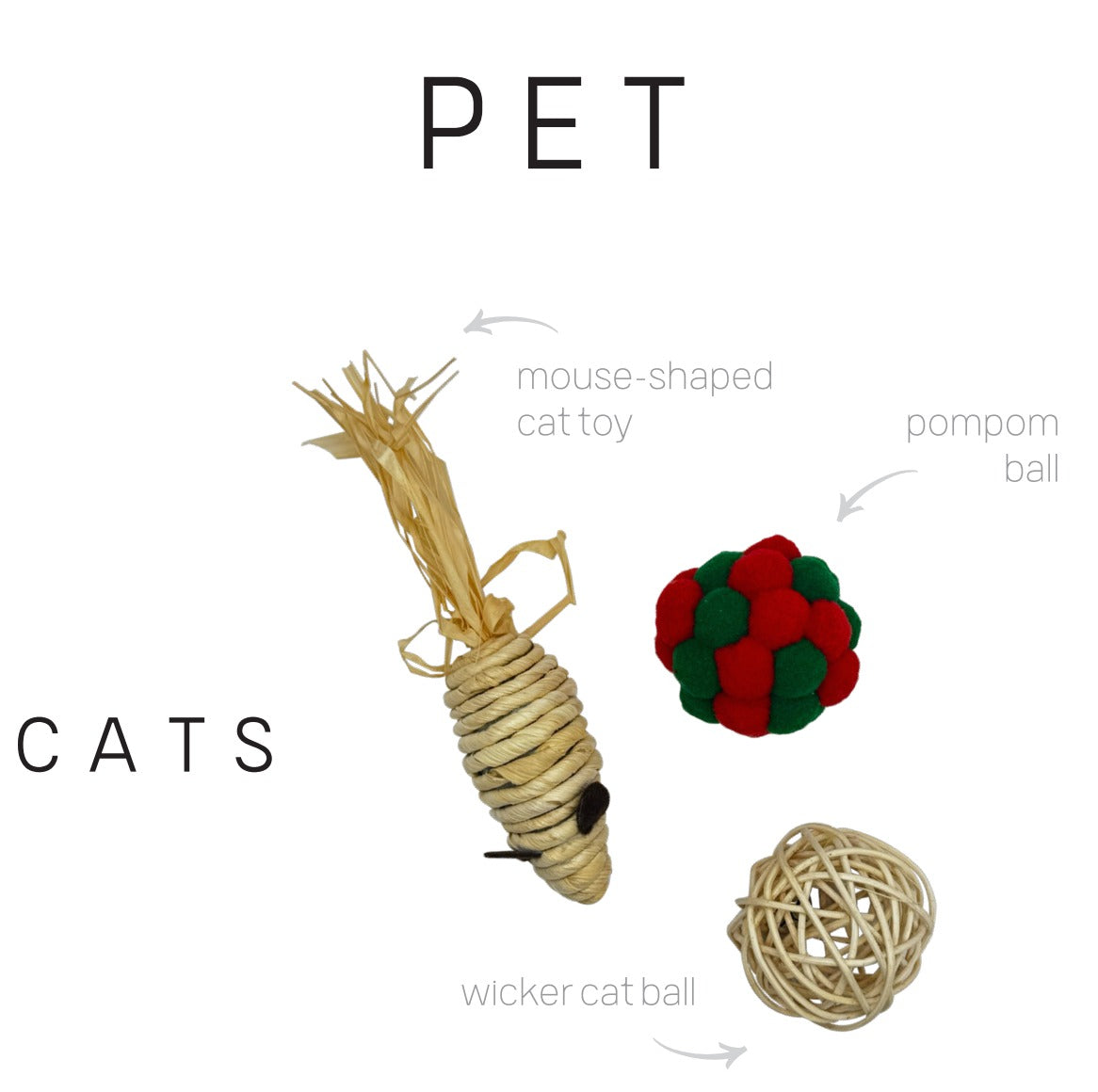 Cat toys including a mouse-shaped toy, pom-pom ball, and wicker ball on a white background.