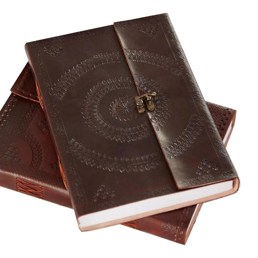 Indra Embossed Leather Journal with a detailed embossed cover, unlined handmade khadda paper, and brass clasp closure, available in A4 and 16 × 11 cm sizes.