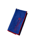 Red embroidered cutlery motif on blue linen-cotton blend napkin