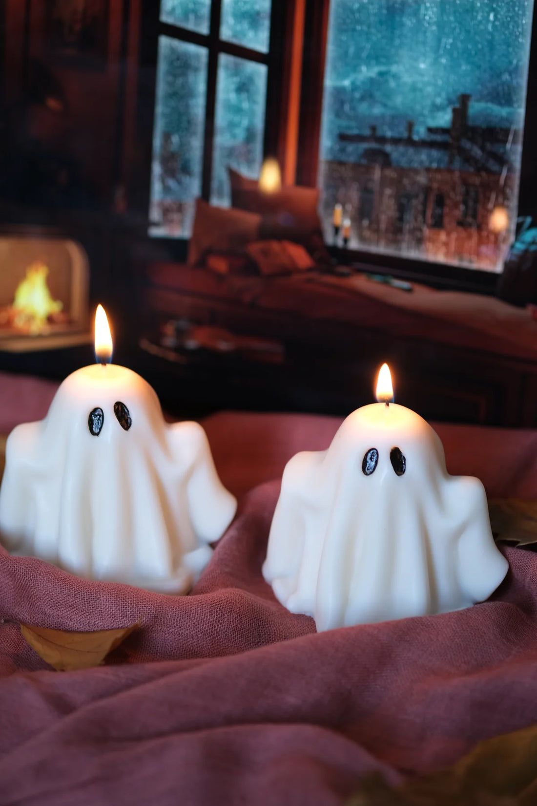 Group of 2 white soy wax Ghost Candles with a autumn setting 