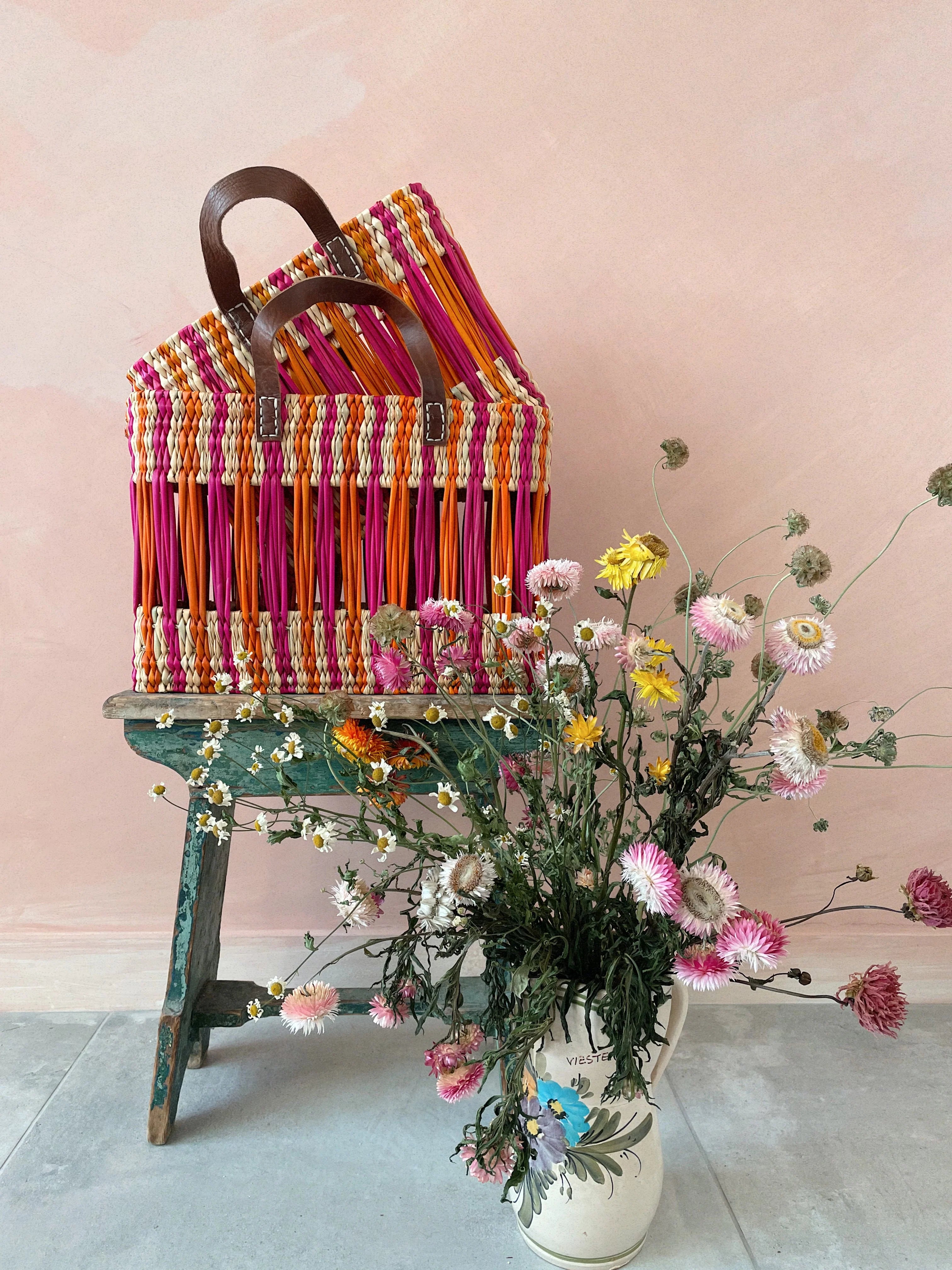 Decorative Reed Basket Pink &amp; Orange Stripe