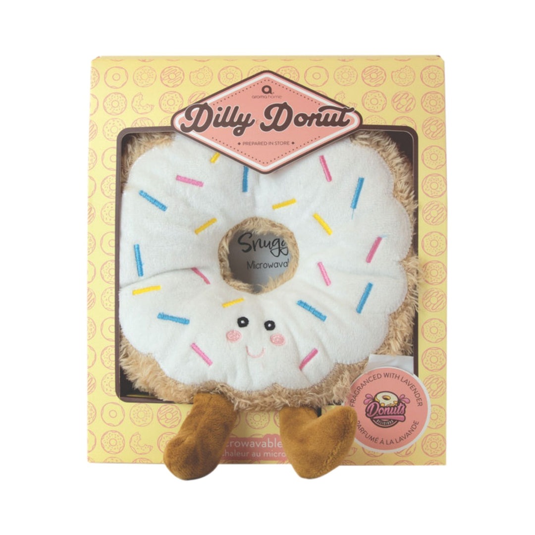 Dilly Donut plush snuggle buddy in a box with removable microwaveable pouch, soft donut design with colorful sprinkles, perfect for comfort and gifts