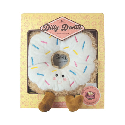 Dilly Donut plush snuggle buddy in a box with removable microwaveable pouch, soft donut design with colorful sprinkles, perfect for comfort and gifts