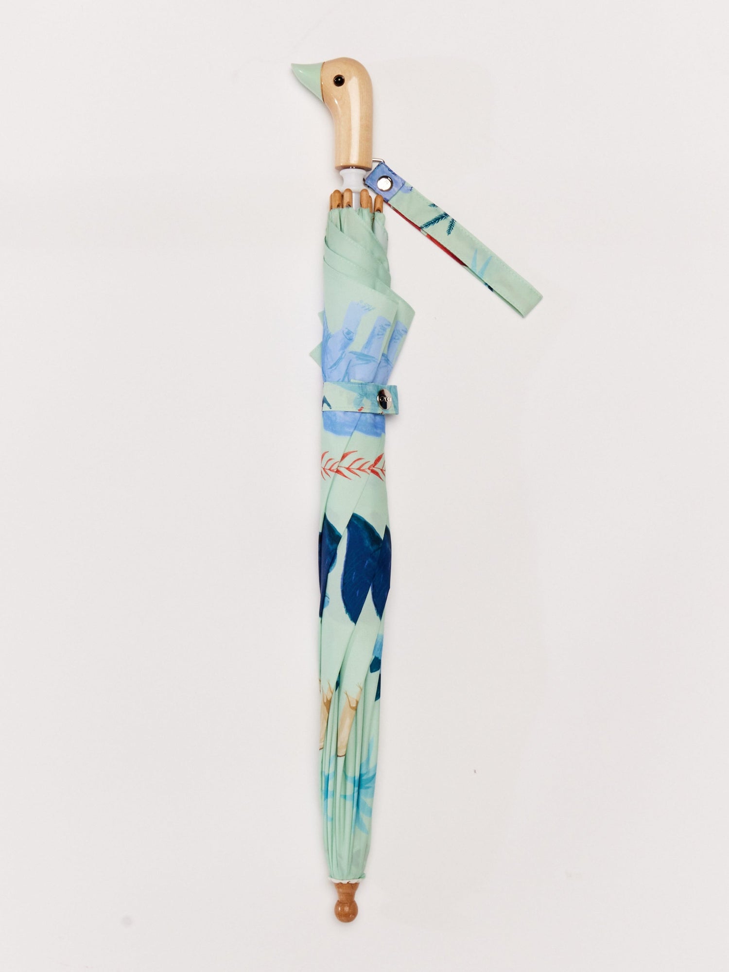 Colorful umbrella with a wooden duck head handle on a white background