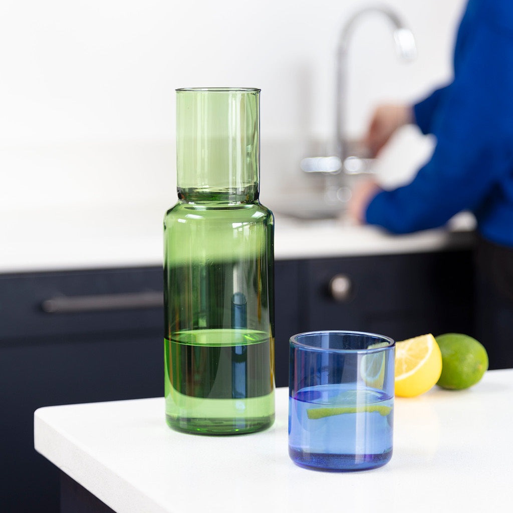 Duo Tone Green Glass Carafe Set and Blue Tumbler