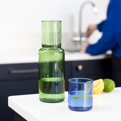 Duo Tone Green Glass Carafe Set and Blue Tumbler