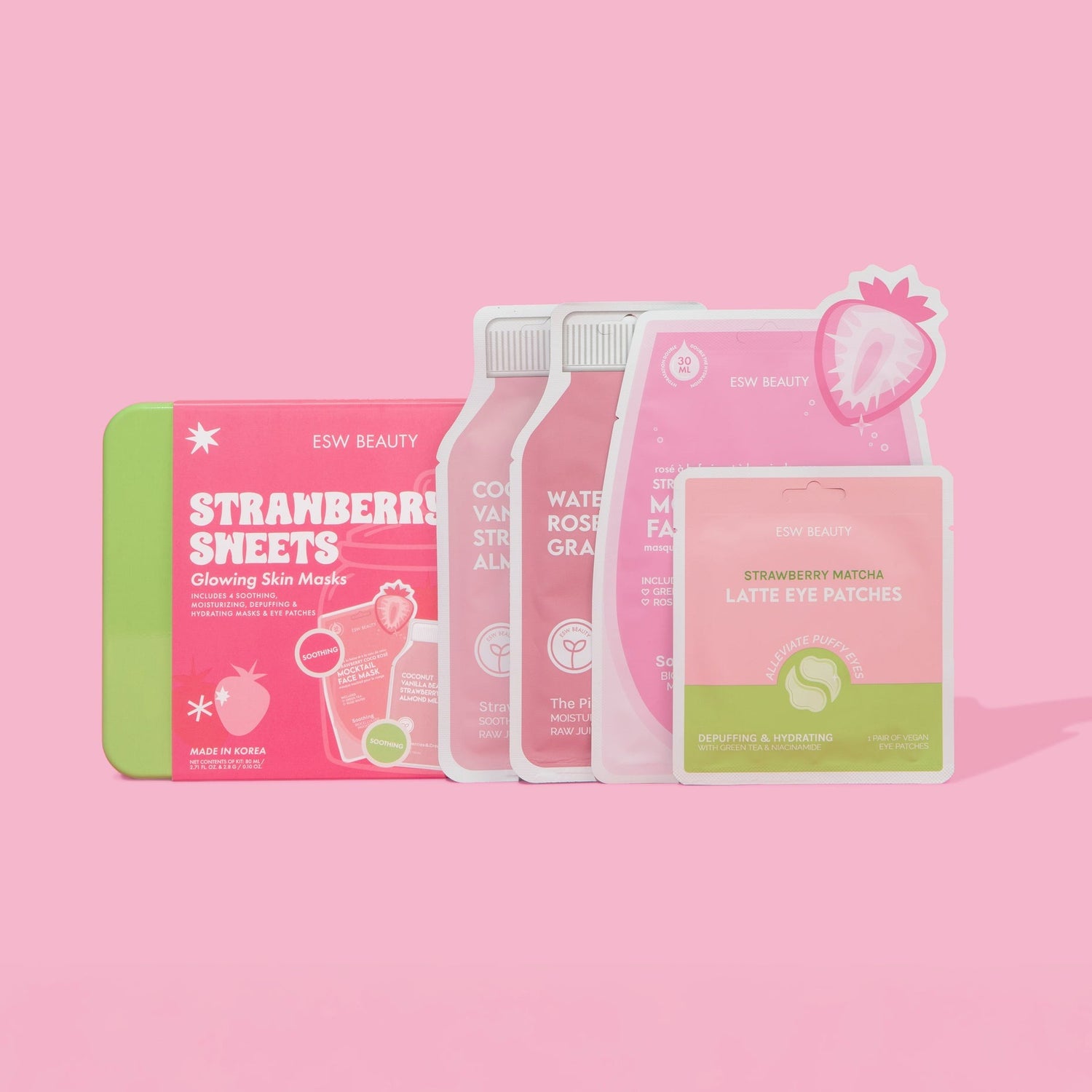 ESW Beauty Strawberry Sweets skincare products on a pink background. 3 sheet masks and one eye patches