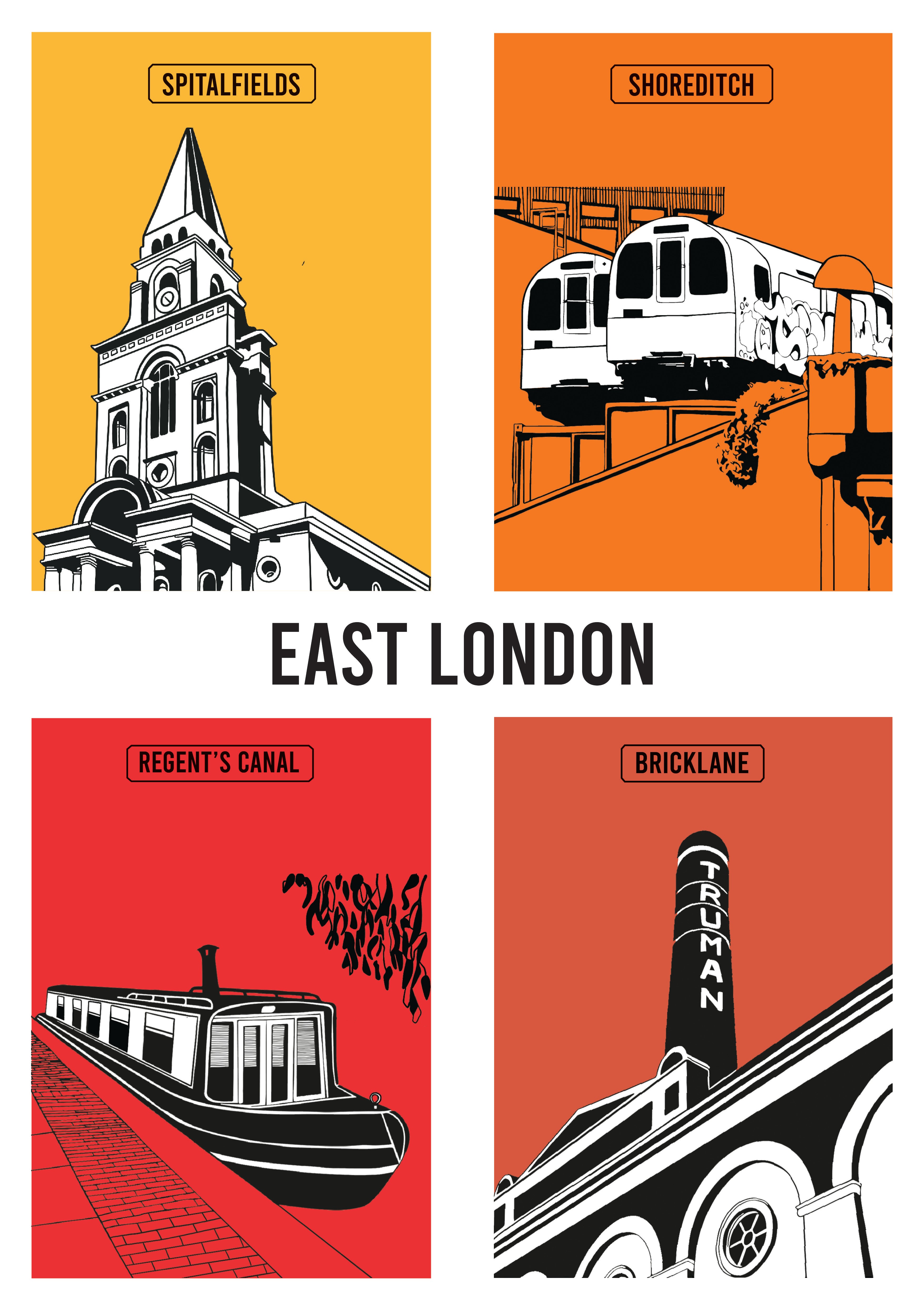 East London giclée print showing Christ Church Spitalfields, Shoreditch, Truman Brewery on Brick Lane, and narrowboats on Regent’s Canal, hand-drawn digital illustration on Hahnemühle German Etching paper